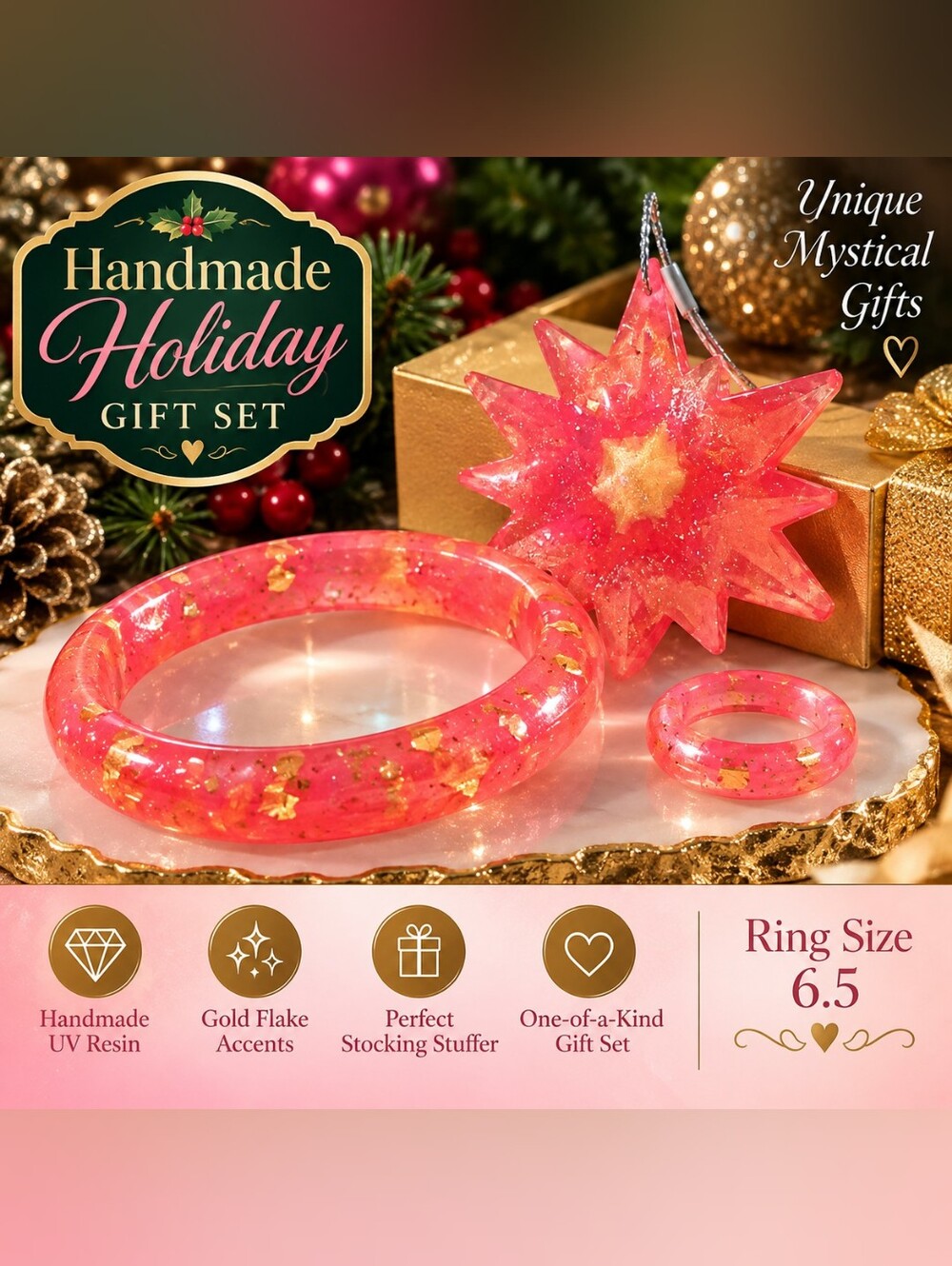 Handmade Holiday Gift Set — Pink Gold Flake Resin Jewelry For Girls 8-12